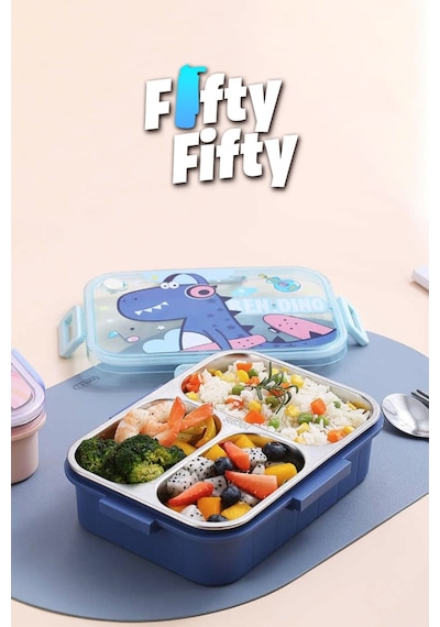 Vagonlife Bento 750ml Lunchbox Sevimli Dostlar Tek Katlı 3 Bölmeli Paslanmaz Çelik Sefer Tası Yemek Kutusu Mavi Dinozor Çok Renkli