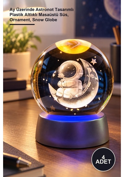 4 Adet Dekoratif Cam Küre Ay Üzerinde Astronot Tasarımlı Plastik Altlıklı Masaüstü Süs, Ornament, Snow Globe