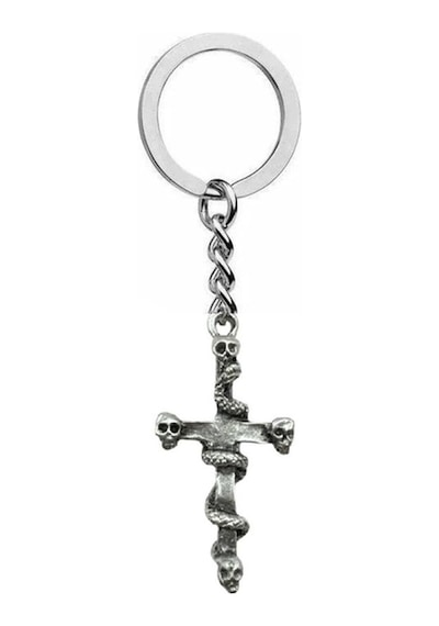 Yılan Sarılı Kurukafa Figürlü Haç Unisex Anahtarlık Metal Gotik Ve Alternatif Aksesuar