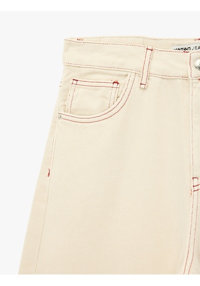 Koton Dikiş Detaylı Regular Fit Pamuklu Normal Bel Düz Paça Barrel Denim Pantolon - Barrel Jeans Ekru 7wal40058mw