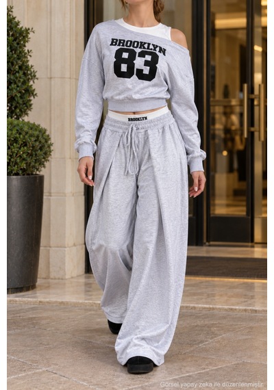 Polo State Kadın Brooklyn 83 Baskılı Düşük Omuz Crop Sweatshirt Ve Bol Paça Pantolon Gri