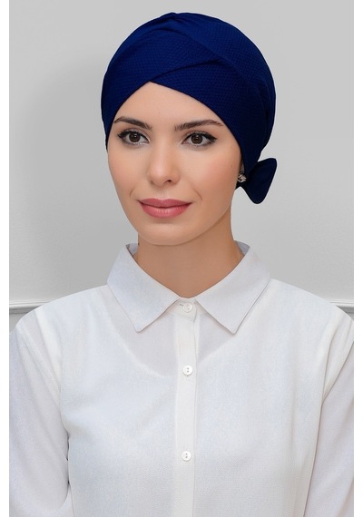 Hürrem Bone Lacivert Pratik Hazır Geçmeli Tesettür Bone Petekli Fiyonklu Çift Lacivert