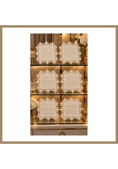 Kahveci.store 6 Lı Krem Amerikan Servis Peçete Seti Vitrin Konsol Sehpa Örtüsü Gardenya Keten 35x35cm 22