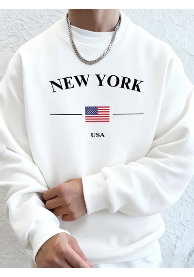 Startmore Tarzsokak New York Abd Bayrağı Baskılı Erkek Polar Kapüşonlular Spor Günlük Hoody Bisiklet Yaka Cepli S Beyaz
