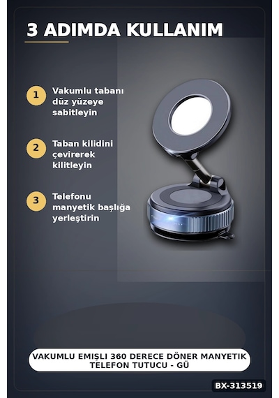 Vakumlu Emişli 360 Derece Döner Manyetik Telefon Tutucu - Güçlü Mıknatıslı Araba Masaüstü Bx-313519 Siyah