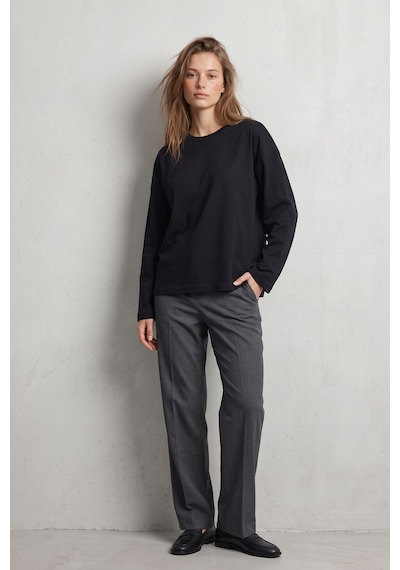 Elemge %100 Pamuk Süprem Oversize Kadın Uzun Kollu T-shirt Compact Penye Tok Yumuşak Kumaş Bol Kesim Nefes Alan Terletmez Yapı Basic Siyah Tişört