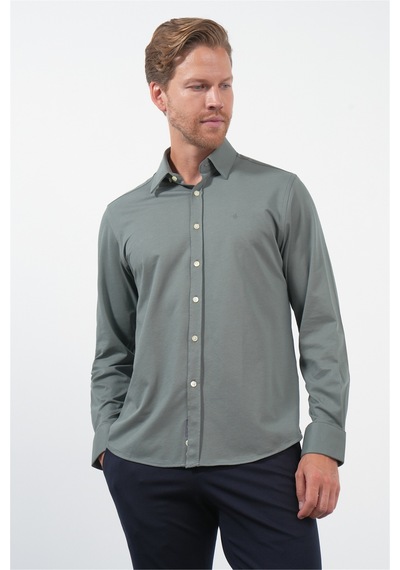 İmza Haki Tulum Yaka Uzun Kol Cepsiz Örme Slim Fit Pamuklu Gömlek 1004260208 Açık Haki