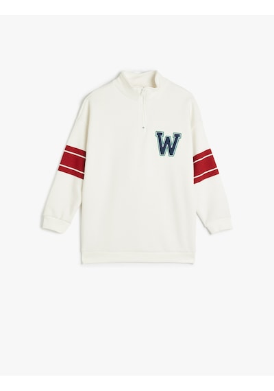 Koton Sweatshirt Baskı Detaylı Yarım Fermuarlı Dik Yaka Uzun Kollu Pamuklu Ekru 5wkb10191tk Ekru