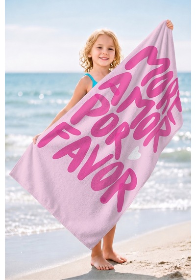 More Amore Pembe Yazı Temalı Plaj Havlusu - Modern Tipografik Kalp Hızlı Kuruyan Mikrofiber Havlu Çok Renkli