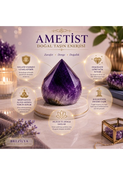 Premium Brezilya Ametist Kristali %100 Doğal Faset Kesim Dekoratif Kristal Taş 225 Gr
