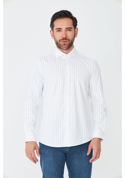 White Stone Beyaz Lacivert Çizgili Slim Fit Erkek Gömlek Beyaz-laci