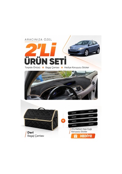 E-biz Renault Megane 3 Küçük Ekran 2008-2015 Uyumlu Torpido + Deri Çanta - Siyah-bej - Re022
