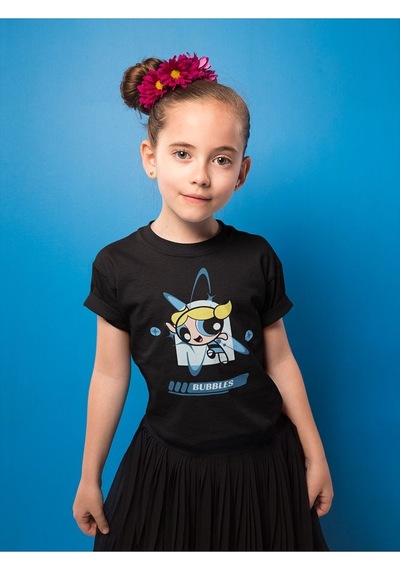 Sevbano Power Puff Girls Bubbles Baskılı Unisex Çizgi Film Çocuk Tişört Siyah