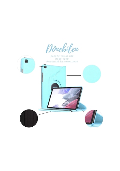 Samsung Galaxy Tab A7 Lite Sm T220 T225 Dönebilen Tablet Kılıfı + Ekran Koruyucu + Kalem Set 8.7 Inç Kapaklı Kılıf