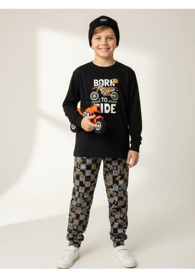 Zekids Erkek Çocuk Pamuklu Born To Ride Baskılı Pijama Takımı-16820 Siyah
