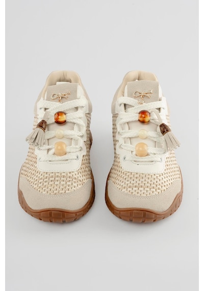 Mubiano Kadın Hasır Sneaker Süet Detaylı Boncuklu Calla Beyaz Beyaz