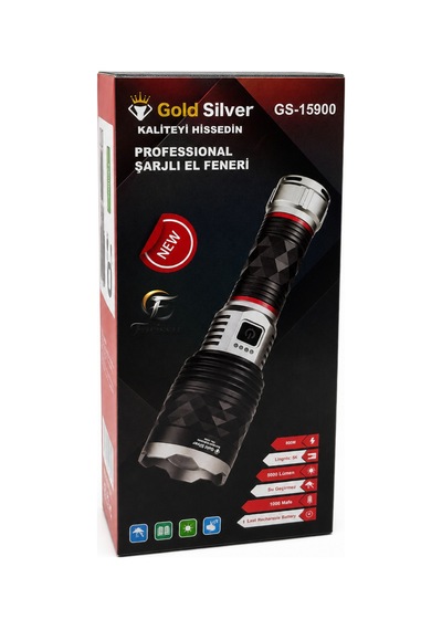 Gold Silver Gs-15900 Profesyonel Şarjlı El Feneri 60w 6000 Lümen - 7000 Mah Zoomlu El Feneri Siyah