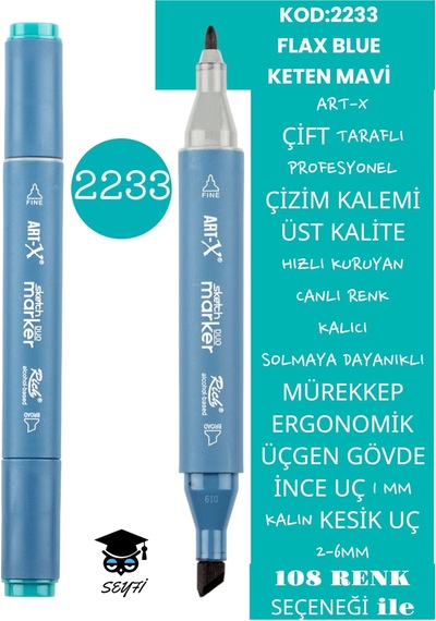 Çift Taraflı Profesyonel Çizim Kalemi Kalıcı Mürekkep Üçgen Gövde İnce Uç 1 Mm Kesik Uç 2-6mm Sketch 2233-keten Mavi
