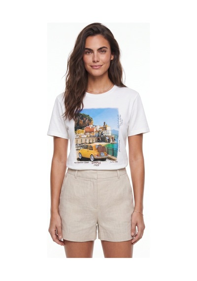 Onloox Kadın Beyaz Beyaz Pamuklu Bisiklet Yaka Kısa Kollu Italy Temalı Baskılı Günlük Kullanıma Uygun T-shirt