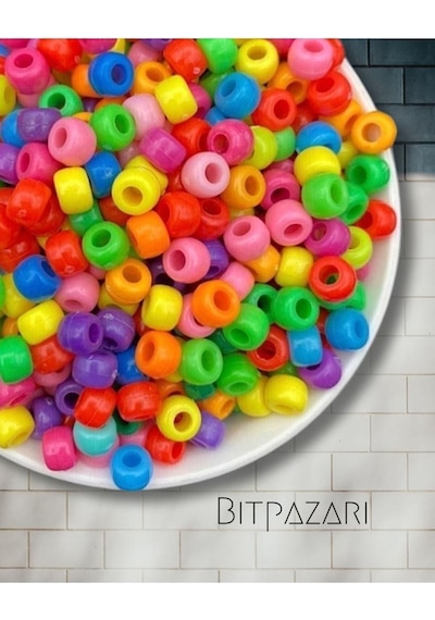 Geniş Delikli Karışık Renkli Plastik Boncuk,9x6mm Yassı Silindir Model Takı Boncuğu 25gr, 60 Adet