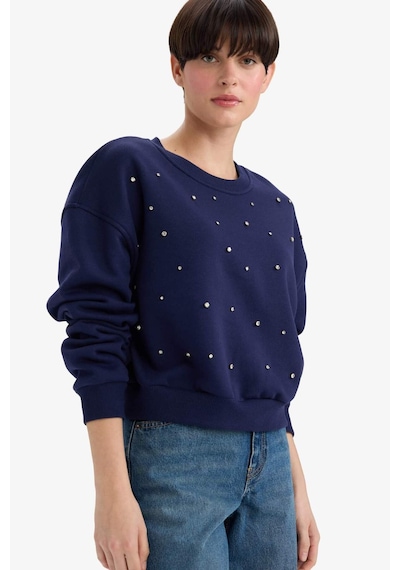 Defacto Boxy Fit Bisiklet Yaka İşlemeli Kalın Sweatshirt G2153ax25wnnv28 Lacivert