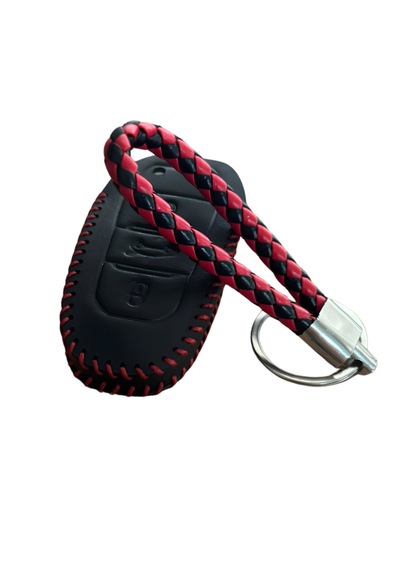 Autohan Keys Deri Anahtar Koruma Kılıfı Peugeot 308, 508, 2008, 3008, 4008, 5008, Rifter, Grandland X İçin, Siyah Kırmızı Örgülü Desen, Anahtarlık Dahil