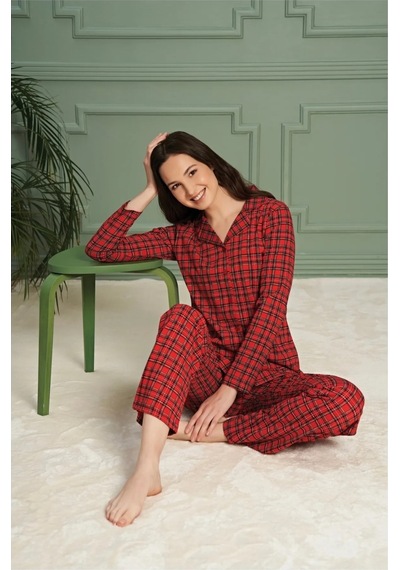 Over Sleep By Poleren Over Sleep Kadın Pijama Takımı Pamuklu Uzun Kol Boydan Düğmeli Kırmızı