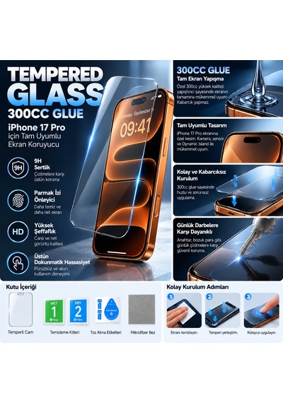 İphone 18 Pro Max Uyumlu Premium Tamperli Cam Ekran Koruyucu 300cc Glue Anti Static & Finger Print