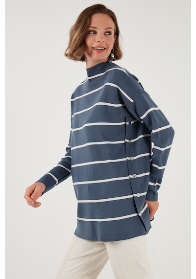 Lela Çizgili Dik Yaka Onesize Triko Bayan Kazak 4615197Y Indigo-Krem
