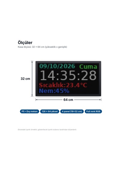 Sanec Full Renkli Led Dijital Saat, Tarih, Derece Ve Nem Göstergesi P5 Dış Mekan Kasa Ölçüsü: 32x64 Cm Diğer