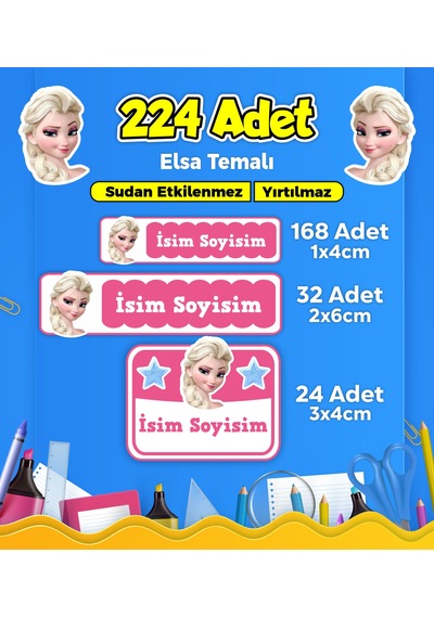 Okul Kreş Kişiye Özel İsim Etiket Seti Elsa Temalı - Model 24 Çok Renkli