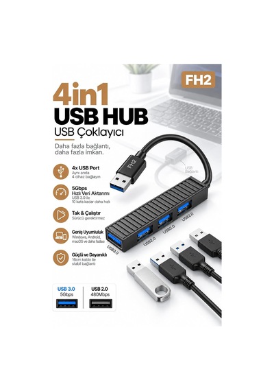 Tr Fh2 4 Port Usb Hub Çoklayıcı Usb 3.0 5 Gbps + 3 Usb 2.0, Usb-c Güç Girişli Tak Çalıştır Usb Çoğalt