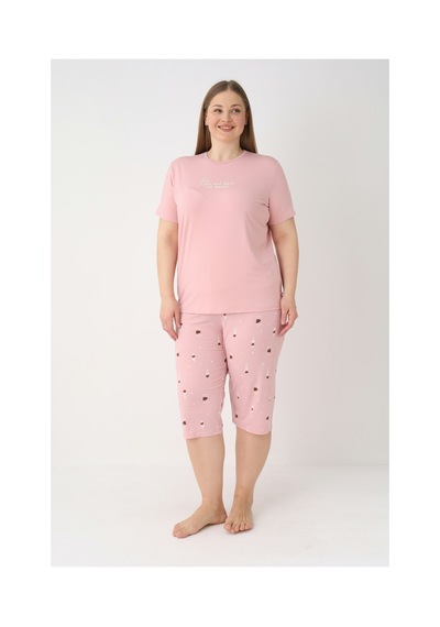 Estiva Kadın Kalp Alt Desenli Pembe Kısa Kollu Kaprili Soft Battal Pijama Takımı Çok renkli
