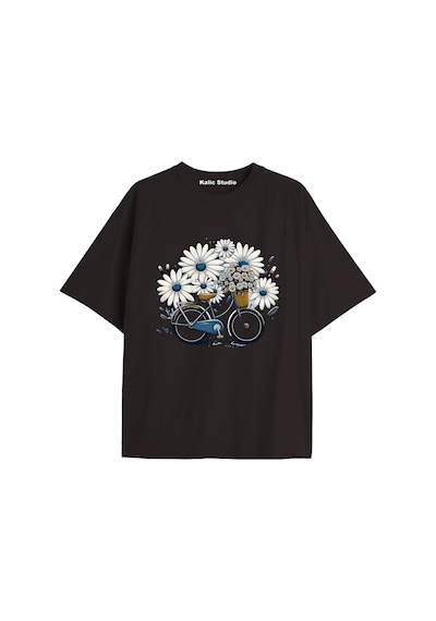 Kalic Studio Kadın Çiçek Özel Baskılı Renkli Oversize Penye Pamuklu Bisiklet Yaka T-shirt Siyah-34