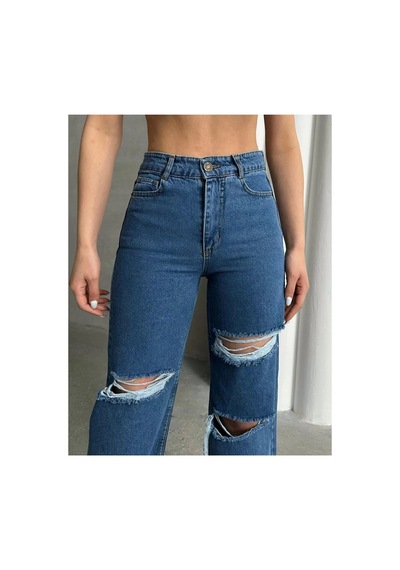 Kene Jeans Çift Diz Lazer Yırtık Mavi Bol Paça Jeans Mavi