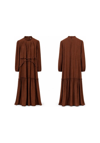 Lale Butik Önü Fırfır Detay Bağcıklı Elbise 330353 Kahverengi