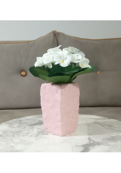 Vazoda Beyaz Yapay Çiçek Dekoratif Çiçekli Pembe Vazo Dahil 7 x 7 x 17 CM