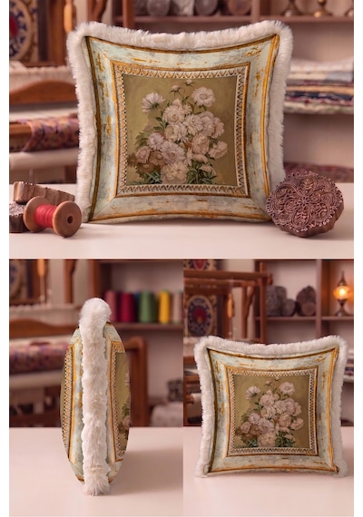 Vintage Çiçek Eskitme Çerçeveli Saçaklı Yastık Kılıfı - Avangart Floral Bej Püsküllü Kırlent Kılıfı Yalın Yörünge Opal Vintage Çiçek Eskitme Çerçeveli Saçaklı Yastık Kılıfı - Avangart Floral Bej Püsküllü Kırlent Kılıfı Yalın Yörünge Opal