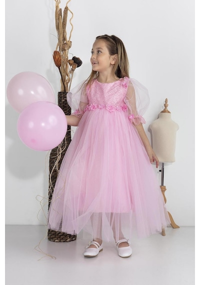 Babyhola Kız Çocuk Abiye Elbise Balon Kol Bayramlık Mezuniyet Balo Gelinlik 5006 Pembe