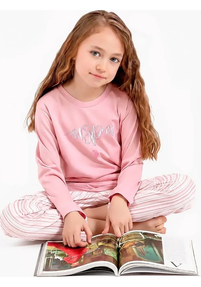U.S. Polo Assn. Çizgili Uzun Kollu Kız Çocuk Pijama Takımı Gül Kurusu