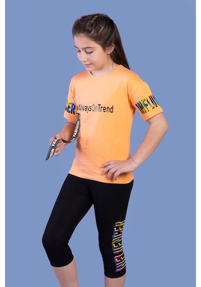 Toontoy Kids Toontoy Kız Çocuk 2'li Takım Baskılı Bisiklet Yaka T-shirt & Basic Düz Crop Tayt & Şerit Detaylı Turuncu