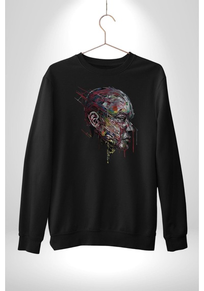 İnsan Kafası Sulu Boya Unisex Siyah Baskılı Sweatshirt Siyah