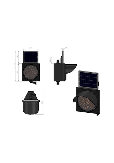 200 mm Ledli Güneş Enerjili Flaşör, Solar Çakar Lamba-2287 - Kırmızı LED