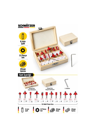 Alman 12 Parça Freze Uç Takımı Ahşap Oyma Ağaç Delme Çantalı Set 6 Mm