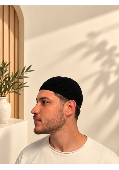Erkek Namaz Takkesi Zikzak Desenli Standart Beden Mv001 Hac Umre Ve Günlük Kullanım Takkesi Siyah