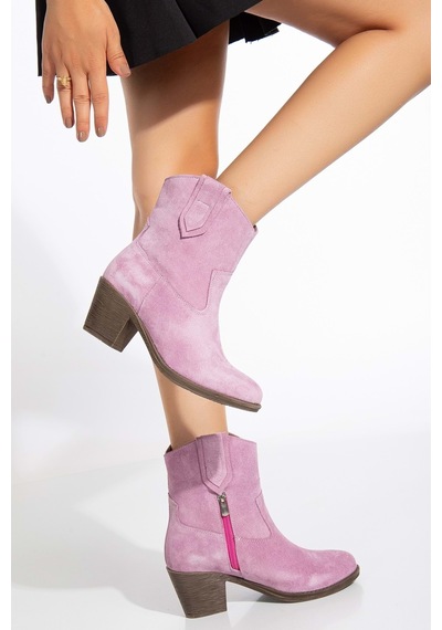 Analin Shoes Kadın Hakiki Deri Western Kovboy Bot Pembe Süet