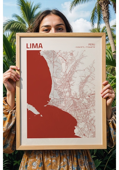 Lima Peru Haritası Çerçeveli Tablo Lüks Salon Ofis Duvar Dekorasyonu Hediyelik Tablo Kayın