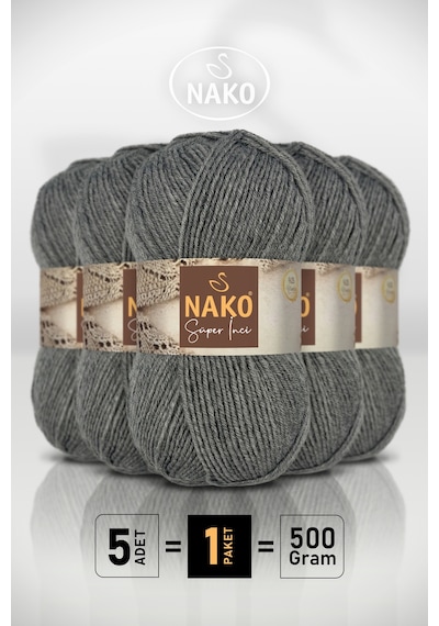 Süper İnci - 194 Orta Gri - 5'li Paket - 100gr/260m - El Örgü İpi - Atkı Yelek Kazak İpi