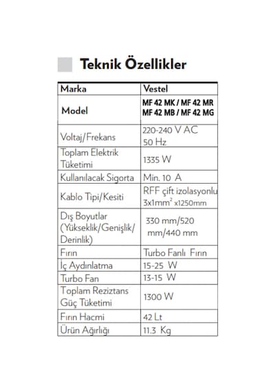 Vestel MF 42 MR 42 LT Mini Fırın