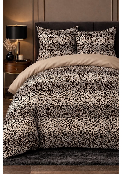 More Home Çift Kişilik Nevresim Takımı Lastikli Çarşaflı Leopar Bej Çok Renkli